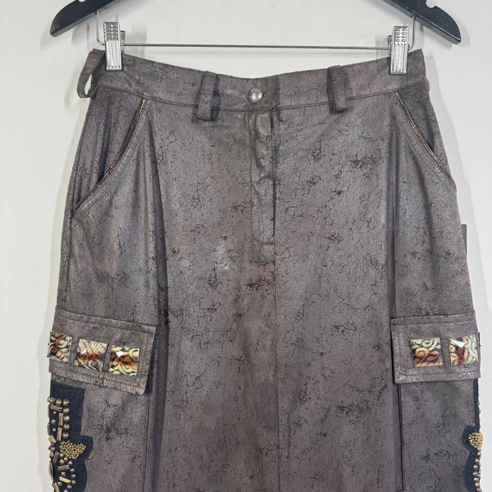 Camelot Italy Brown Cargo Midi Skirt Size S Embellished Utility Boho Grunge - Picture 3 of 16